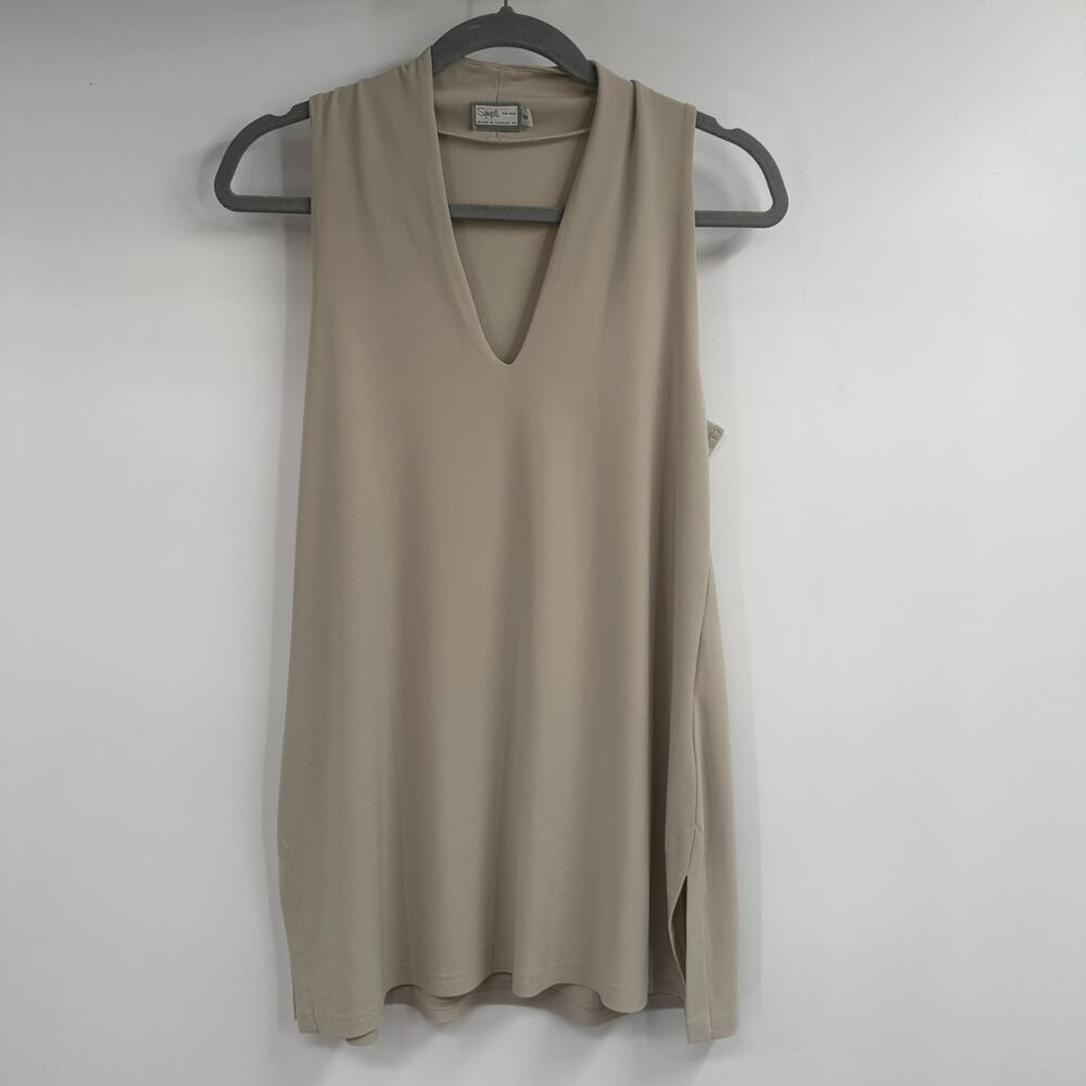 Sympli Deep V Trapeze Tank Top Size 8 Beige Matte Jersey Side Slit Tunic Stretch
